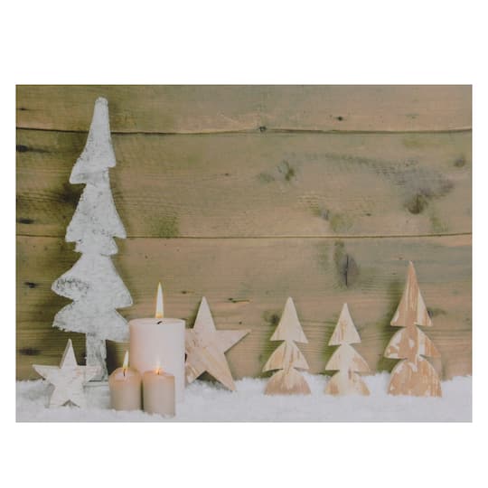 LED Lighted Flickering Candles And Winter Wooden Trees Canvas Wall Art